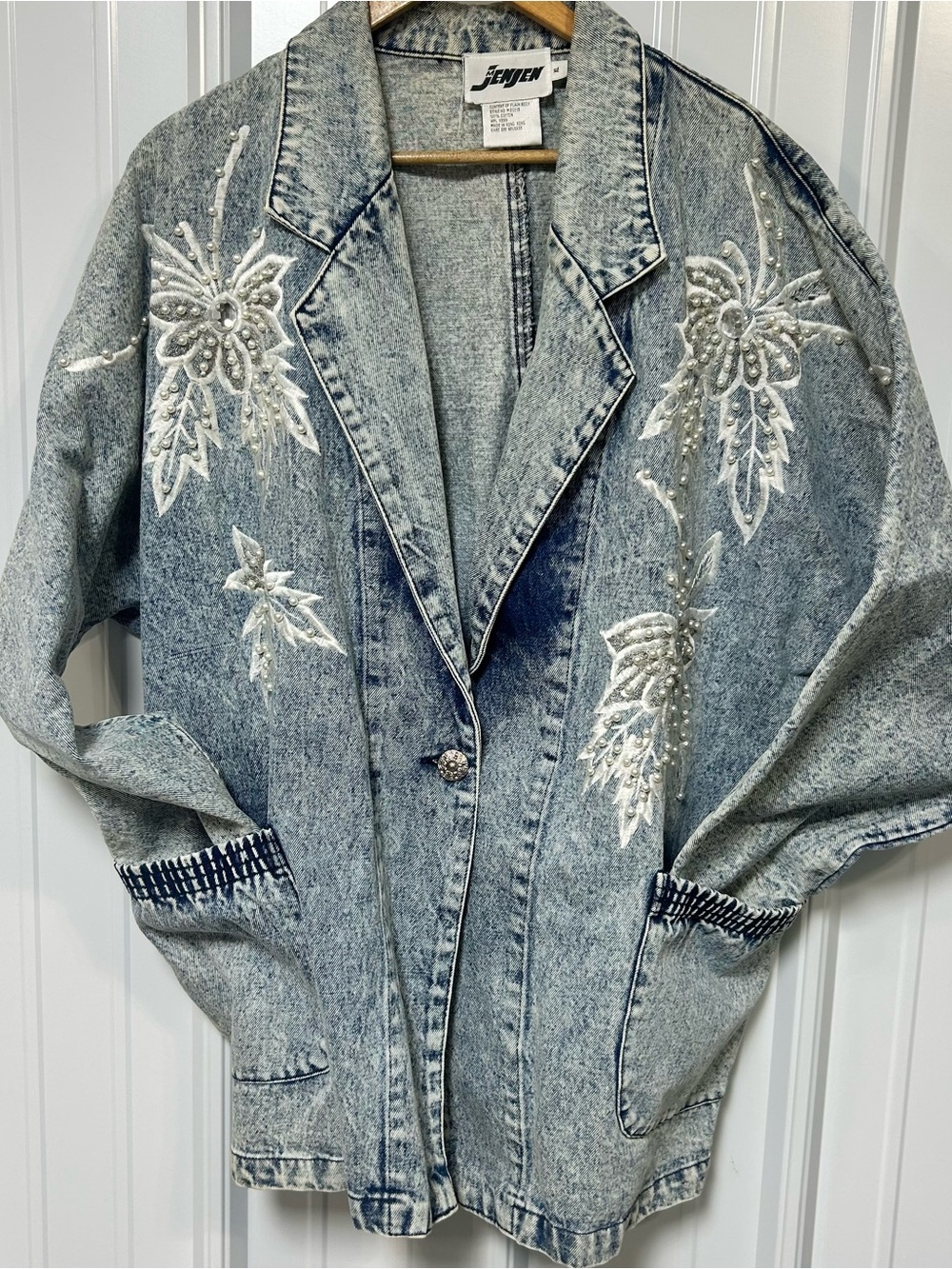 Vintage 80s Denim Jean Jacket Floral Embroidery Faux Pearls Rhinestones XL